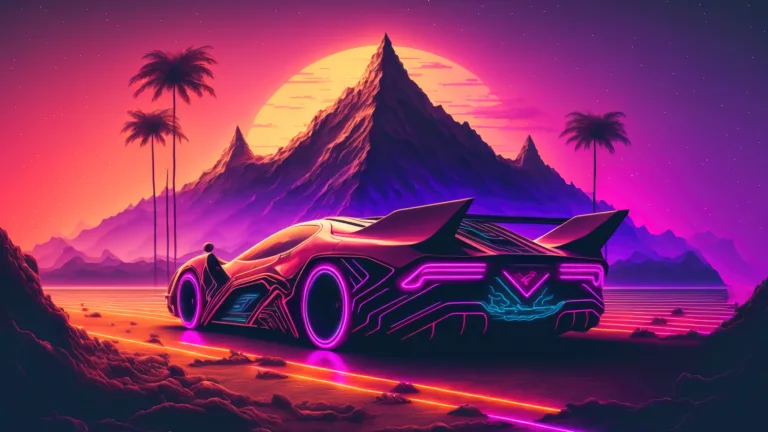 4K digital artwork features a sleek and modern sports car, set against the stunning backdrop of a colorful sunset landscape.