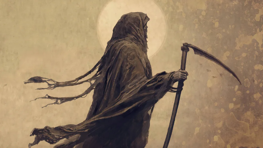 An eerie digital art wallpaper featuring the Grim Reaper holding a scythe, rendered in stunning 4K resolution. This dark and haunting wallpaper is perfect for fans of fantasy, horror, and the supernatural.