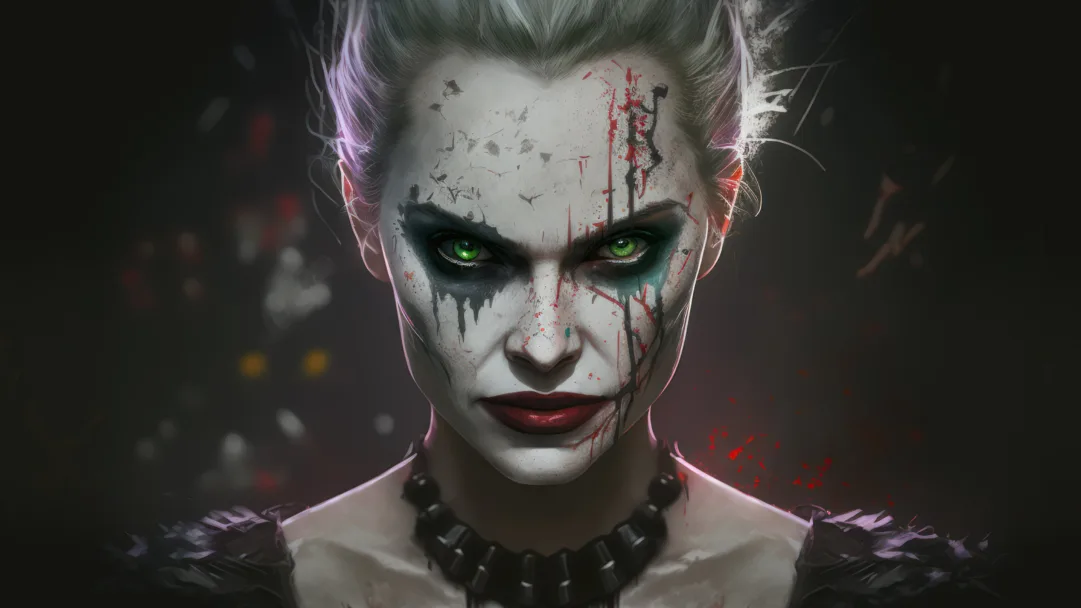 Harley Quinn, the beloved comic book character, takes on a unique Joker-inspired look in this stunning 4K wallpaper generated by AI.