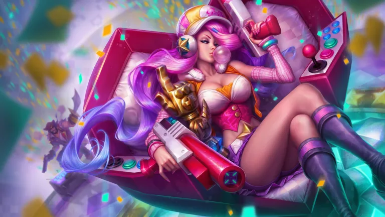 A high-quality 4K desktop wallpaper featuring Miss Fortune in her arcade skin from the popular video game, League of Legends.