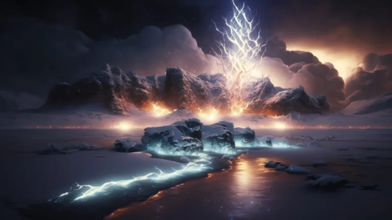 Experience the power and beauty of nature with this stunning 4K wallpaper featuring a lightning strike on a mountain peak. This landscape wallpaper, generated by AI.
