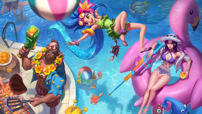 A stunning 4K desktop wallpaper featuring the Pool Party Caitlyn skin in League of Legends.