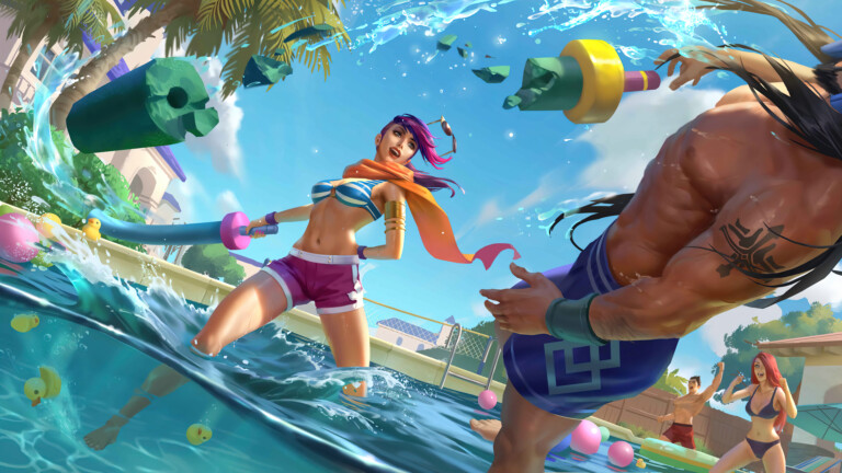 A stunning 4K desktop wallpaper featuring Pool Party Fiora skin from Legends of Runeterra.