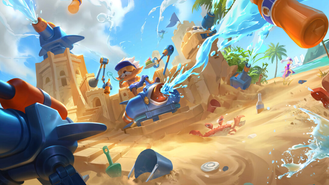 A cool 4K desktop wallpaper featuring the Pool Party Heimerdinger skin from League of Legends. Heimerdinger is ready for some fun in the sun with his new pool party outfit.
