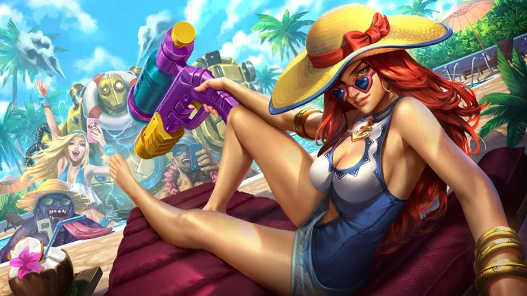 A stunning 4K desktop wallpaper featuring the Miss Fortune Pool Party skin splash art from League of Legends.