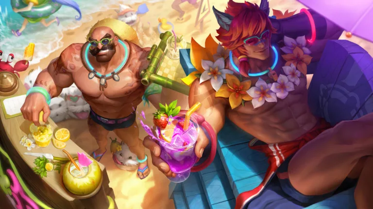 Enjoy the summer vibes with this stunning 4K wallpaper featuring the Pool Party Sett and Braum skins from League of Legends.