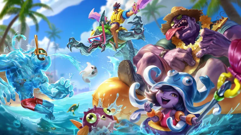 Enjoy the sun and waves with this collection of Pool Party skins in League of Legends. Zac, Lulu, Dr. Mundo, Rek'Sai, and Draven are all dressed up and ready for a fun day at the beach in this 4K wallpaper.