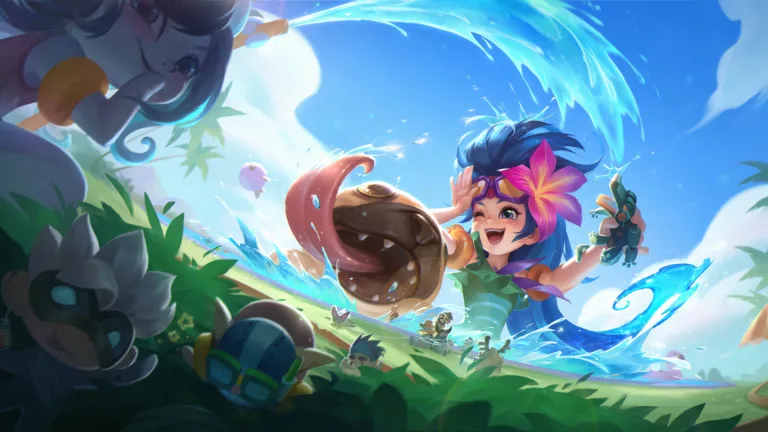 League of Legends 4K wallpaper featuring the adorable Pool Party skins of Zoe, Lulu, Ziggs, Pug'Maw, Renektoy, and Super Kennen.