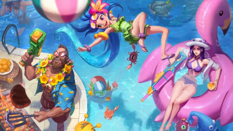 Enjoy the summer vibes with this stunning 4K wallpaper featuring Pool Party skins for Zoe, Caitlyn, and Gangplank from the popular MOBA game, League of Legends.