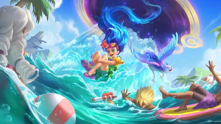 Enjoy the sunny vibes with the Pool Party Zoe skin from League of Legends and Legends of Runeterra in this 4K wallpaper.