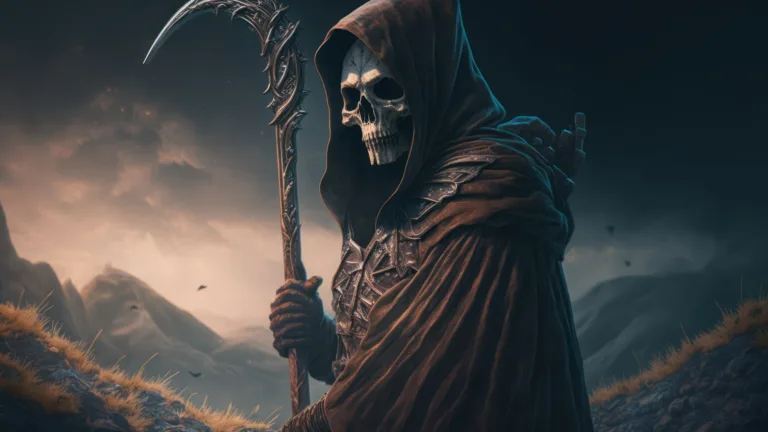 This 4K desktop wallpaper features the Grim Reaper wielding a scythe, creating a dark and gothic atmosphere.