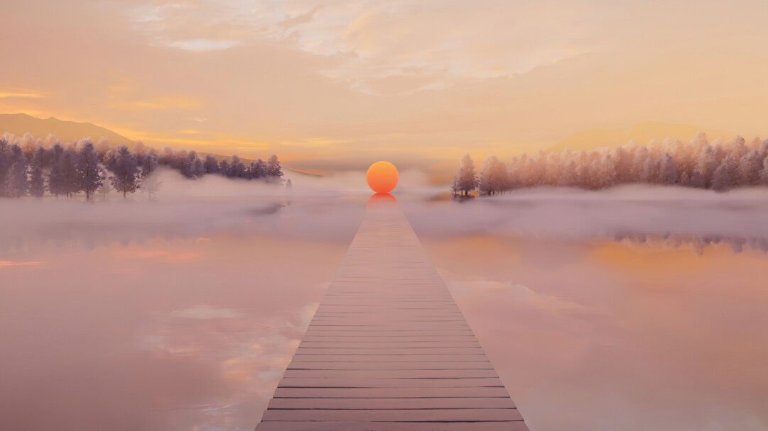 Windows 11 wooden pier background digital art 4K wallpaper. Wooden pier stretching out into the water with a colorful abstract background in 4K resolution.