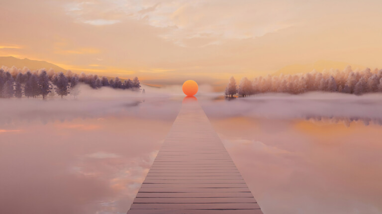 Windows 11 wooden pier background digital art 4K wallpaper. Wooden pier stretching out into the water with a colorful abstract background in 4K resolution.