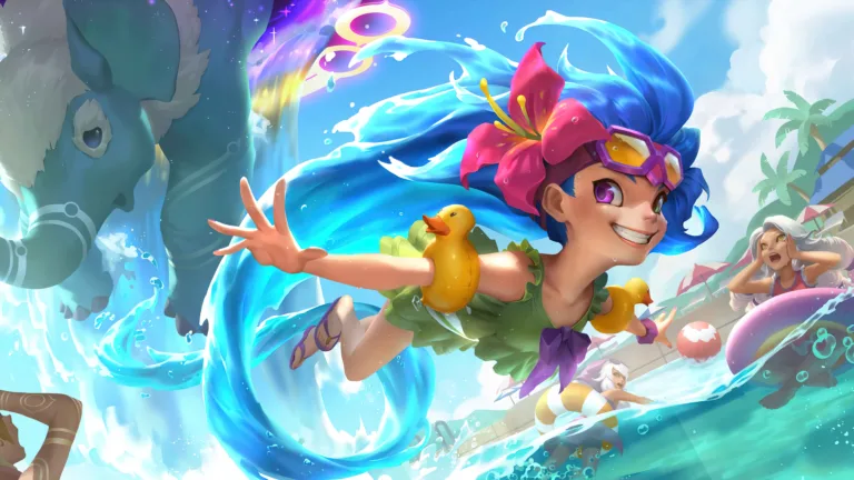Enjoy the summer with the cute and bubbly Zoe Pool Party Skin from Legends of Runeterra. This 4K wallpaper captures the playful and refreshing vibes of the skin, perfect for your desktop background.