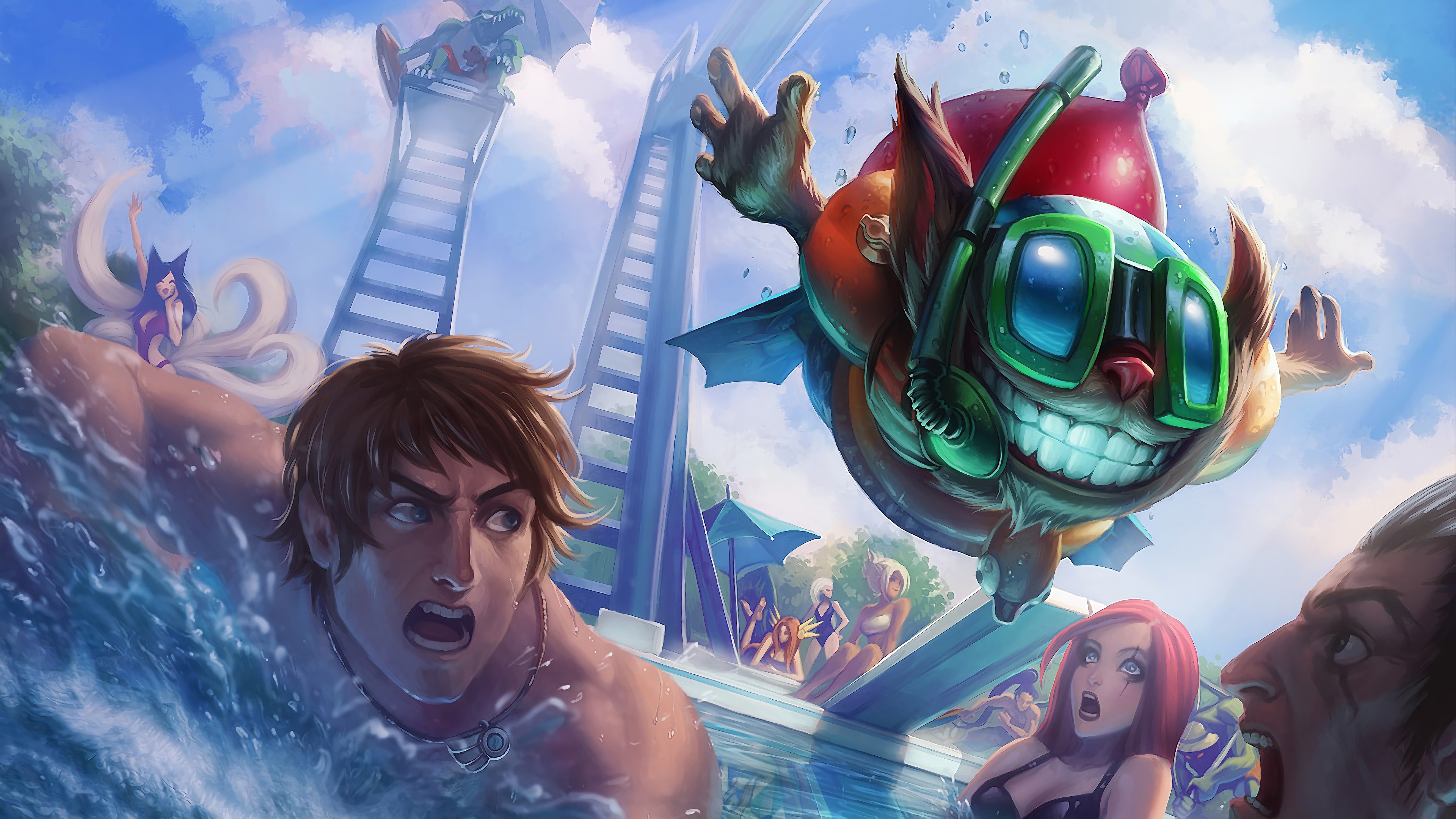 A fun and colorful 4K wallpaper featuring the Pool Party Ziggs skin from League of Legends.
