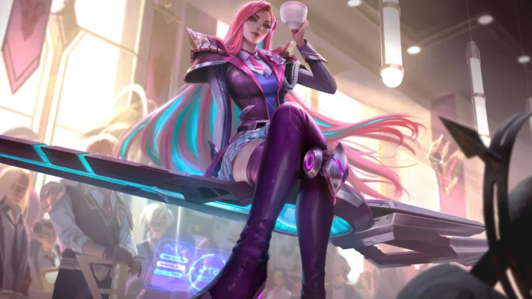A stunning 4K desktop wallpaper featuring the Battle Academia Caitlyn Rose-Quartz Chroma skin from the popular MOBA game League of Legends.