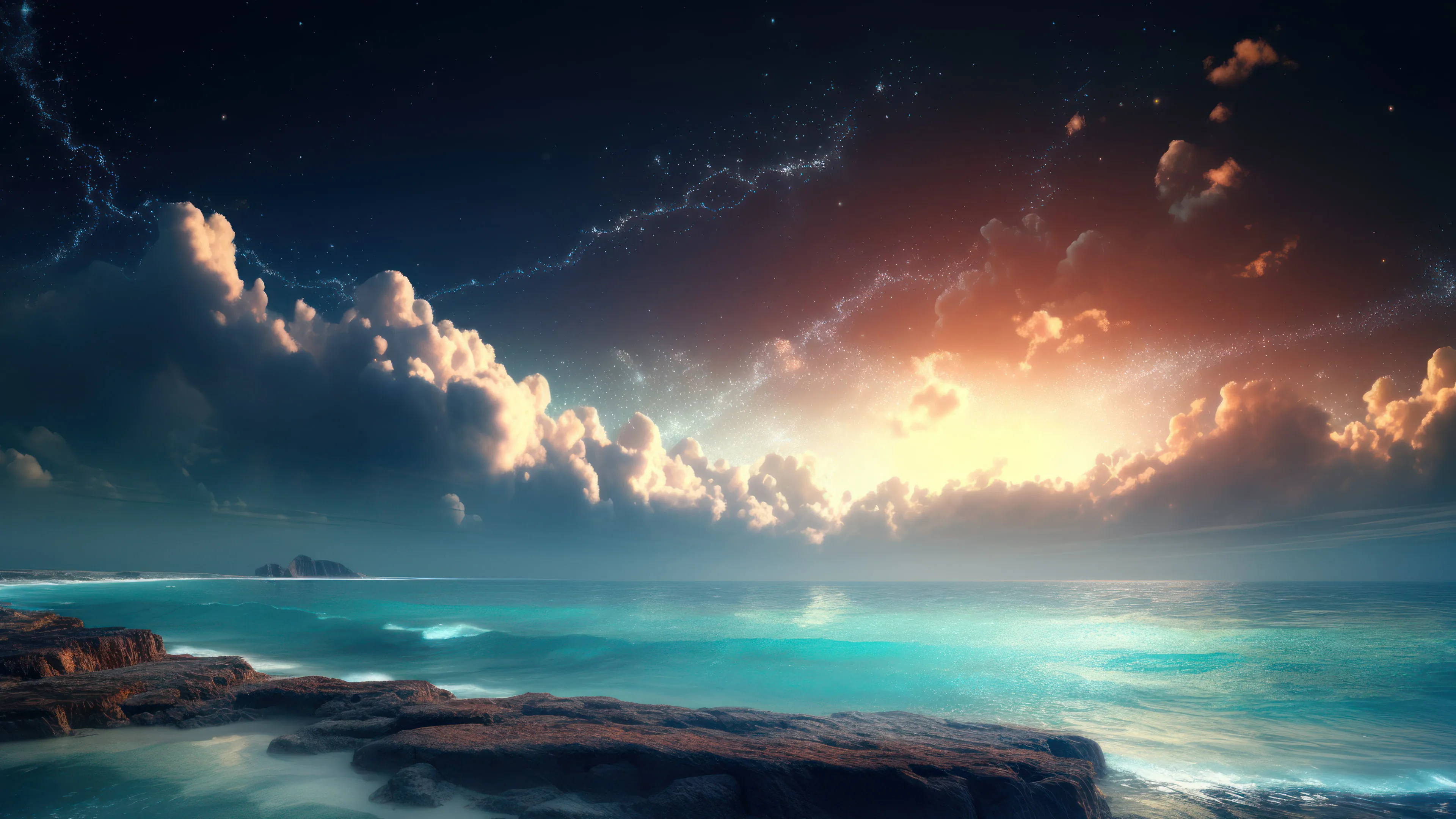 Experience the beauty of the night sky as clouds meet the galaxy in this stunning AI-generated 4K wallpaper. This dreamy wallpaper features a celestial landscape that is perfect for those who love space and fantasy themes.