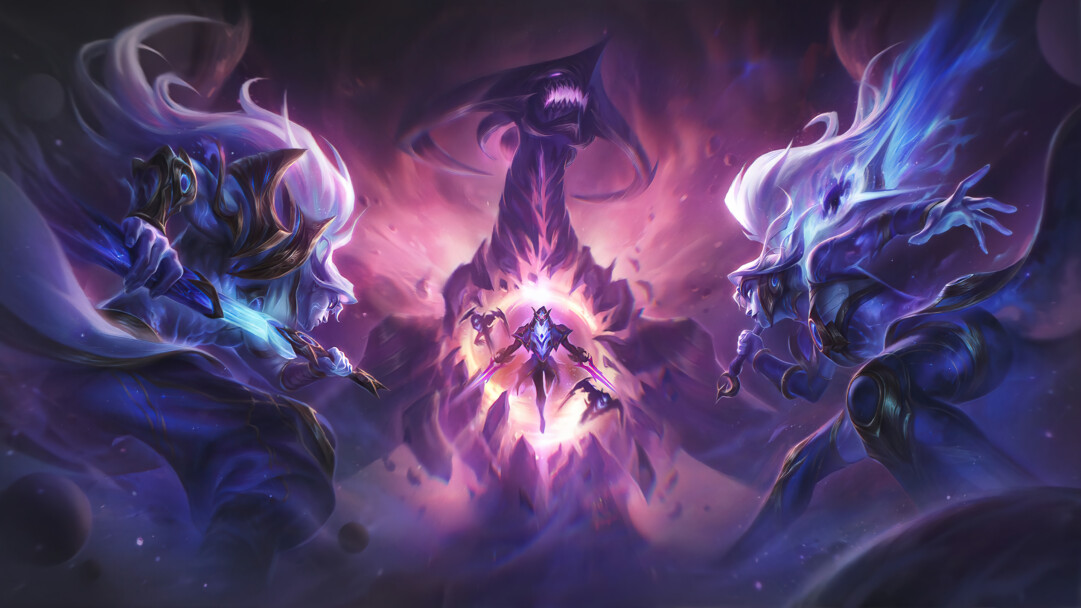 A stunning 4K desktop wallpaper featuring Cosmic Yasuo, Riven, Dark Star Zed, and Shyvana from Legends of Runeterra.