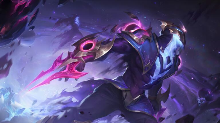 A striking 4K desktop wallpaper featuring Dark Star Zed, a legendary skin from the game Legends of Runeterra.