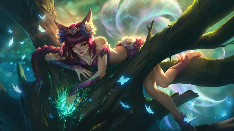 A mesmerizing 4K desktop wallpaper featuring the Elderwood Ahri skin from League of Legends. The intricate details of the skin design are beautifully highlighted in this stunning wallpaper.