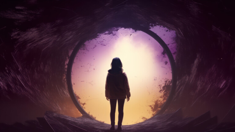 A stunning 4K wallpaper featuring a girl walking through a portal AI Generated.