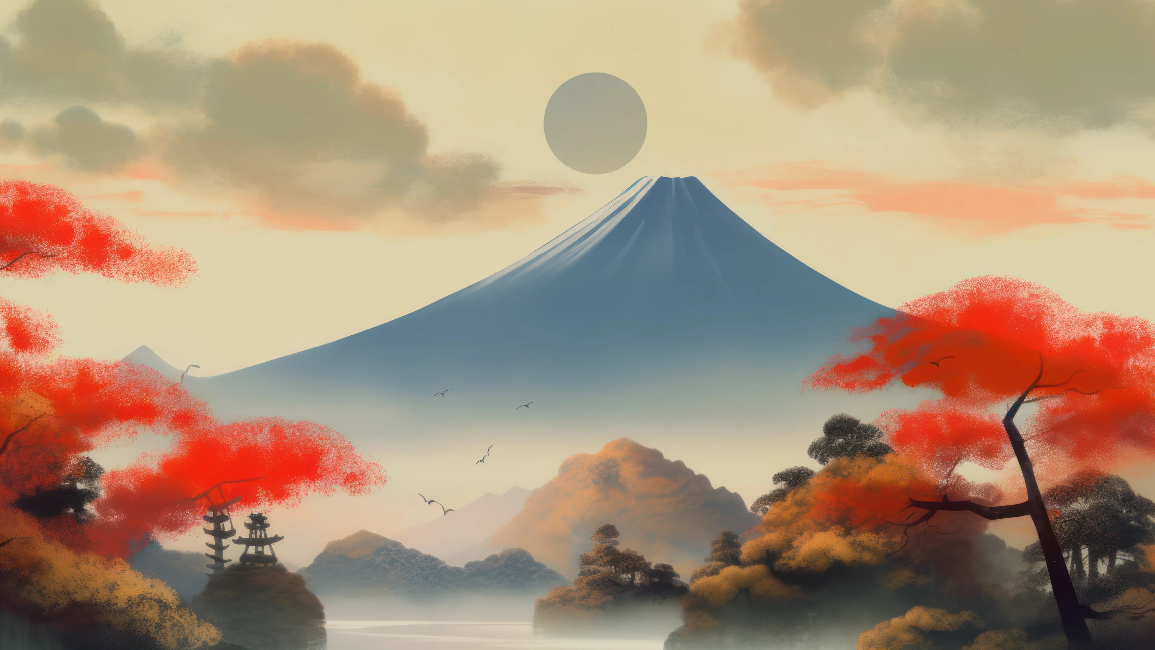 Experience the beauty of Japanese art with this AI-generated 4K wallpaper. This stunning digital art features an abstract and colorful interpretation of a traditional Japanese painting.