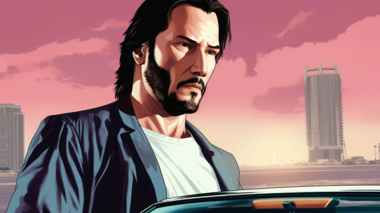Lose yourself in the world of Grand Theft Auto with this stunning 4K wallpaper featuring Keanu Reeves as a character. This AI-generated wallpaper captures the essence of the popular video game franchise, and is perfect for gamers and fans alike.