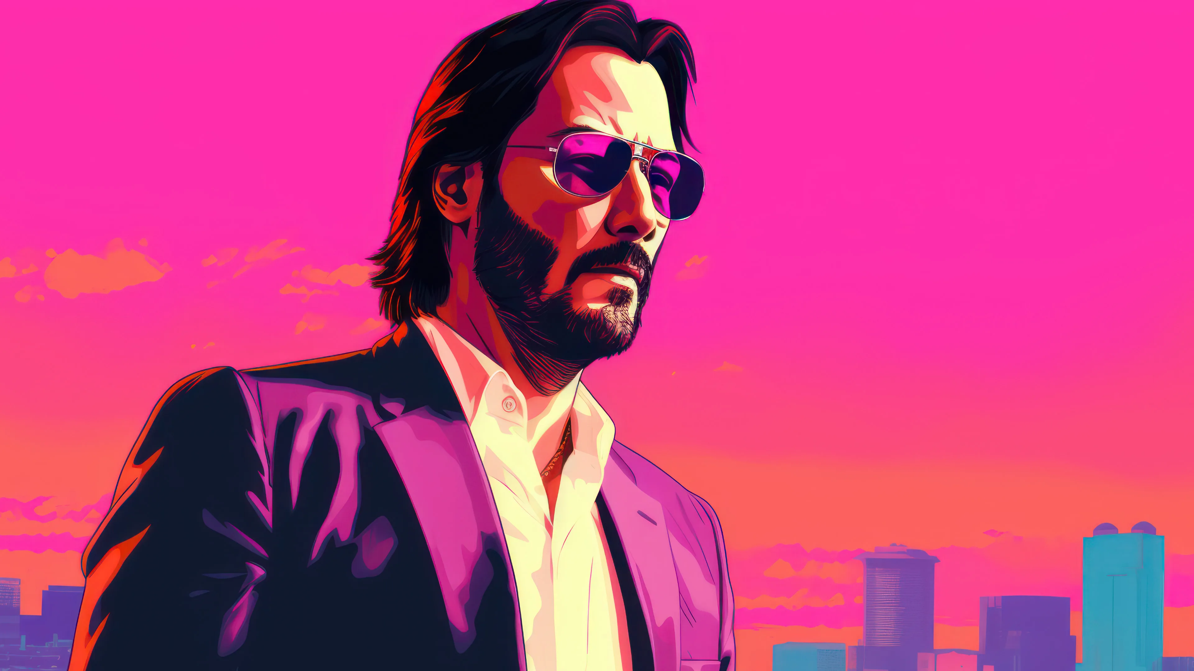 Experience the ultimate action-packed virtual reality with this AI generated 4K wallpaper featuring the legendary Keanu Reeves in the iconic GTA Vice City setting. This celebrity gaming wallpaper is perfect for video game enthusiasts and fans of futuristic and action-packed virtual reality settings.