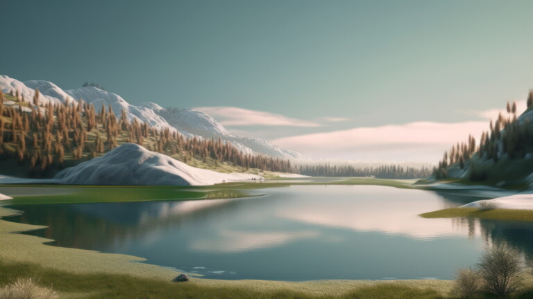 Take in the beauty of a serene lake and majestic mountains with this stunning 4K wallpaper, AI generated for exceptional detail and clarity.