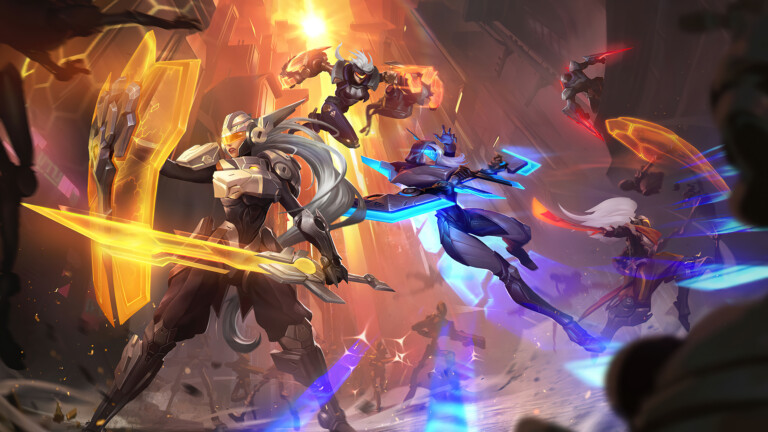 A stunning 4K wallpaper featuring the Project skins of Leona, Ashe, Vi, Yasuo, and Zed from League of Legends Wild Rift.