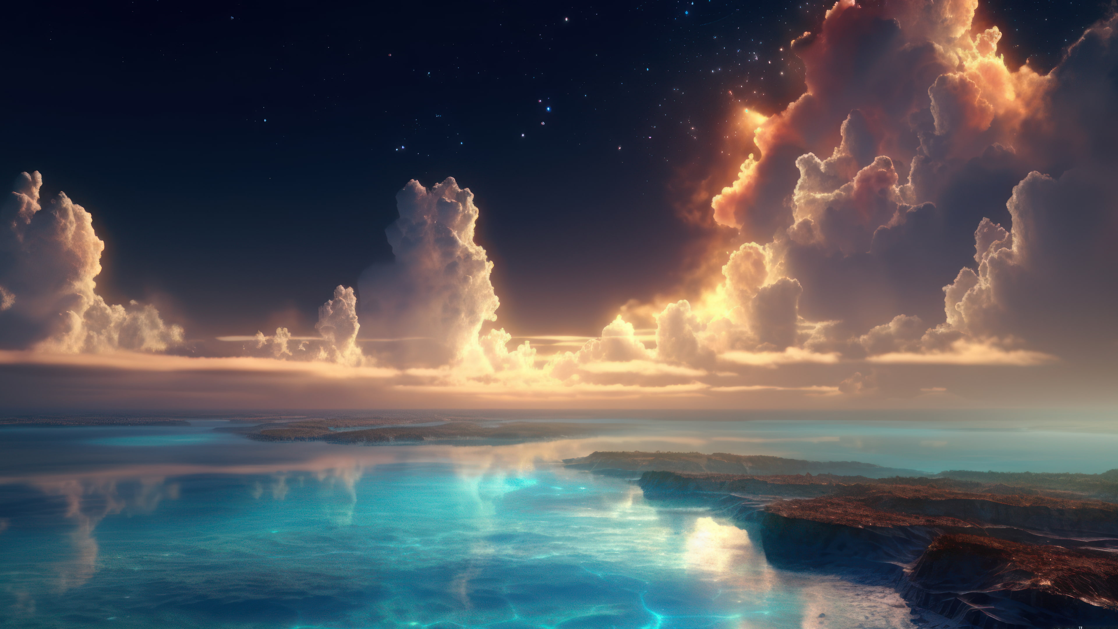 This stunning 4K wallpaper depicts a serene and majestic meeting of the sky and the sea. Shades of blue dominate the landscape with a hint of white clouds, making it a perfect wallpaper for nature and landscape enthusiasts.