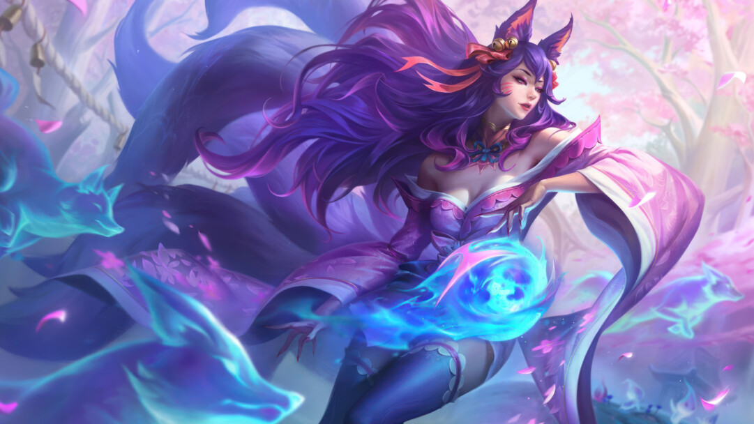 A beautiful 4K desktop wallpaper featuring Spirit Blossom Ahri with her Rose-Quartz Chroma skin in League of Legends.