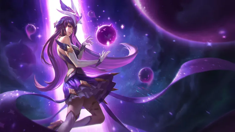 A stunning 4K desktop wallpaper featuring the Star Guardian Syndra skin from the game League of Legends.