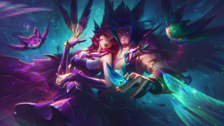 A beautiful 4K desktop wallpaper featuring the Star Guardian Xayah and Rakan skins in League of Legends Wild Rift.