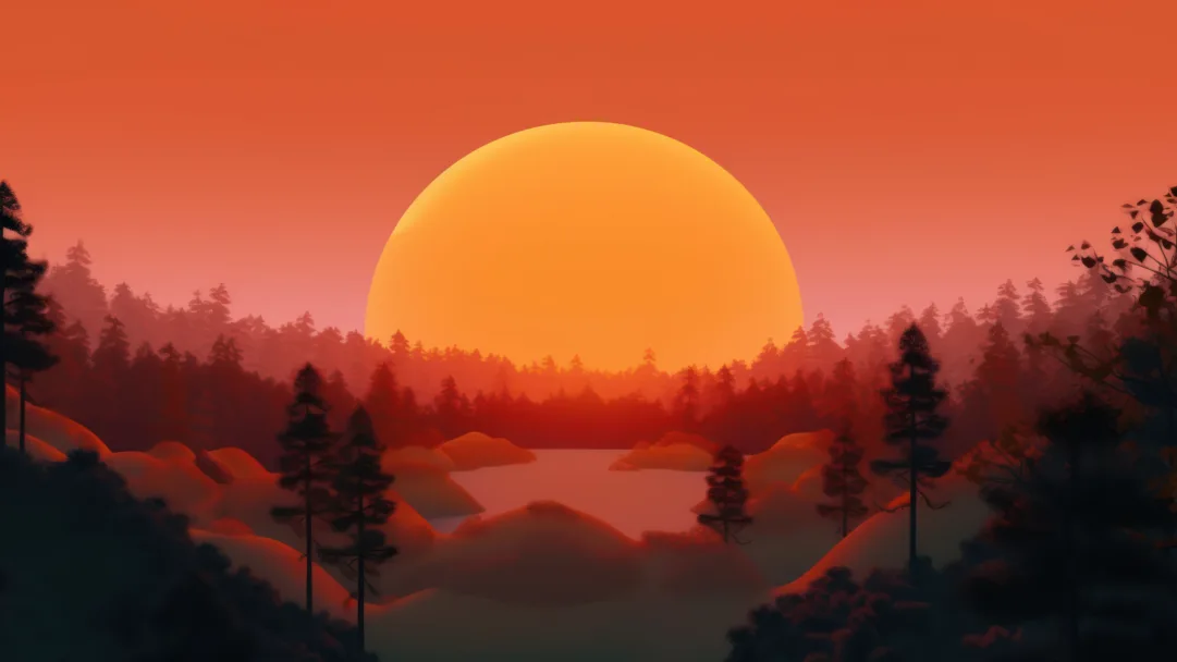 "Experience the beauty of a stunning sunset over a peaceful forest with this AI-generated 4K wallpaper.