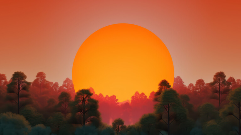 Experience the tranquility of a serene forest at sunset in stunning 4K resolution with this AI-generated wallpaper. The breathtaking landscape features a vibrant orange and yellow sky against the lush green trees, perfect for nature and outdoor enthusiasts.