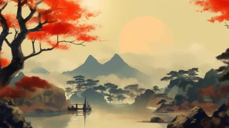 A stunning Japanese painting of trees and mountains, beautifully capturing the essence of nature in this 4K AI Generated wallpaper.