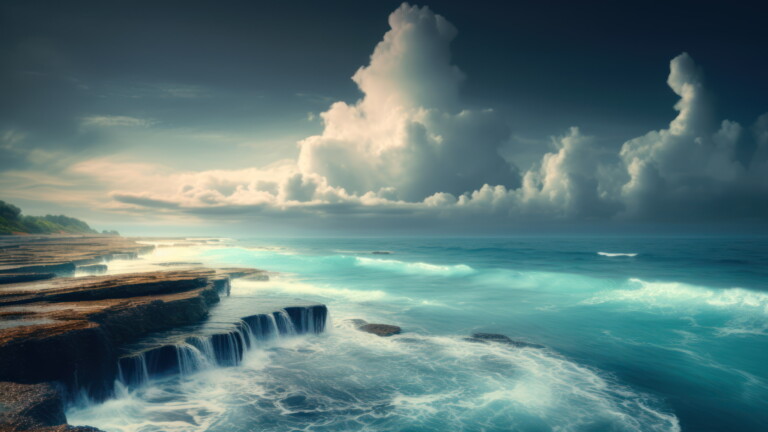 Experience the breathtaking beauty of nature with this stunning 4K wallpaper featuring an AI-generated scene of cascading waterfalls and serene sea scenery. This scenic and tranquil wallpaper is perfect for nature and landscape lovers, with beautiful outdoor views that will transport you to another world.