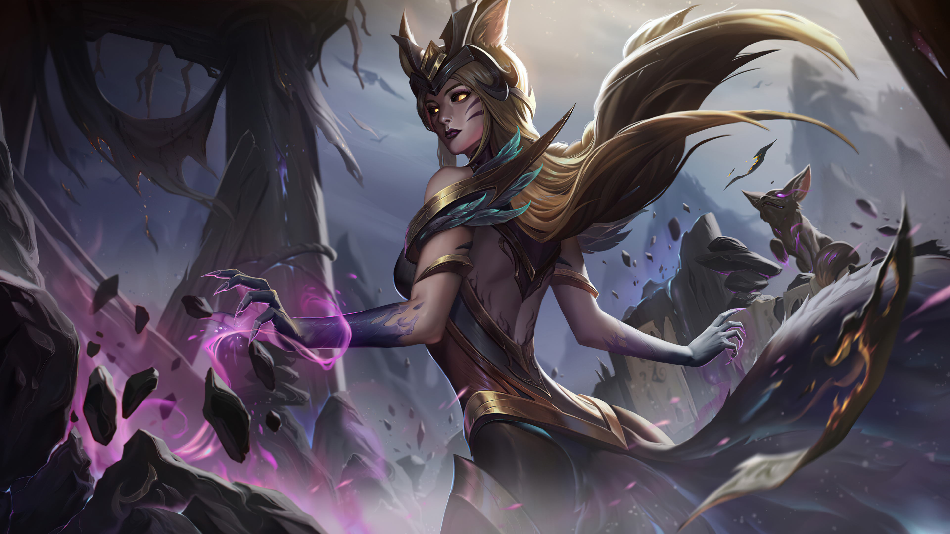 A stunning 4K wallpaper featuring the Prestige K/DA Ahri skin from League of Legends. Ahri, the enchanting nine-tailed fox, is depicted in her glamorous Prestige skin, showcasing her musical talent and captivating charm.