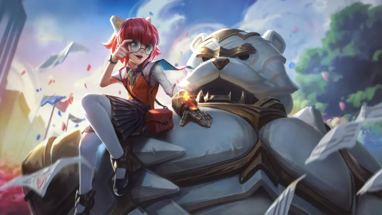 A captivating 4K wallpaper featuring the Battle Academia Annie skin from League of Legends. Annie, the powerful pyromancer, is showcased in her stylish Battle Academia outfit, ready to unleash her fiery abilities on the battlefield.