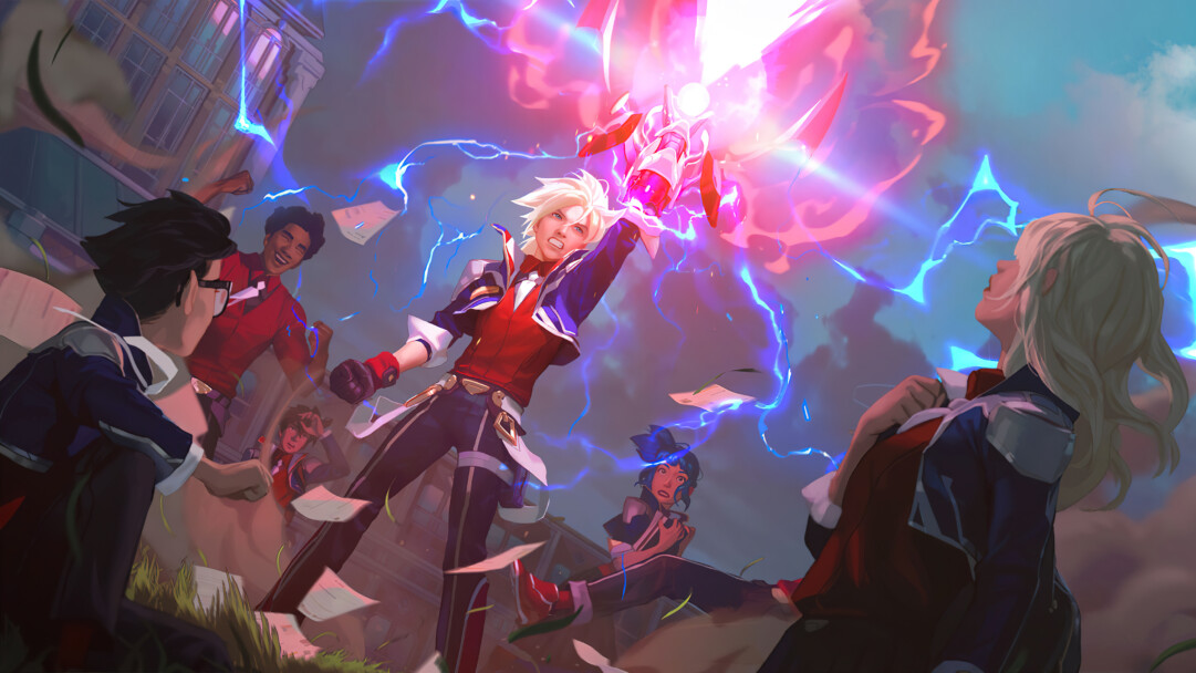 A high-resolution 4K wallpaper featuring Battle Academia Ezreal at Lvl 2 from Legends of Runeterra. Ezreal, the Prodigal Explorer, is depicted in his iconic Battle Academia skin, ready for action in the mystical world of Runeterra.