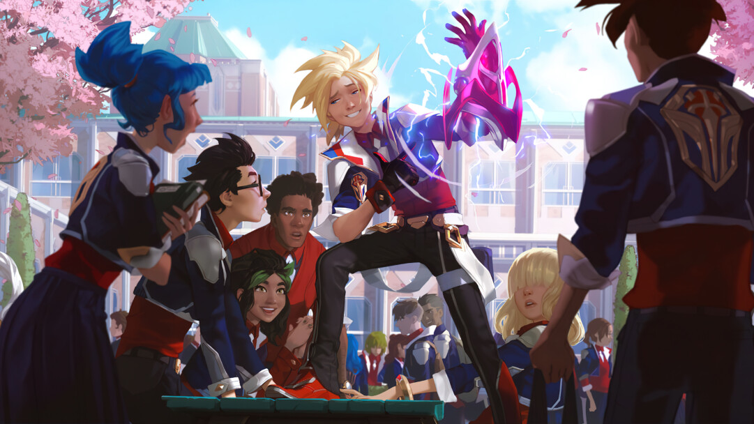A high-resolution 4K wallpaper featuring Battle Academia Ezreal at Lvl 1 from Legends of Runeterra. Ezreal, the Prodigal Explorer, is depicted in his iconic Battle Academia skin, ready for action in the mystical world of Runeterra.