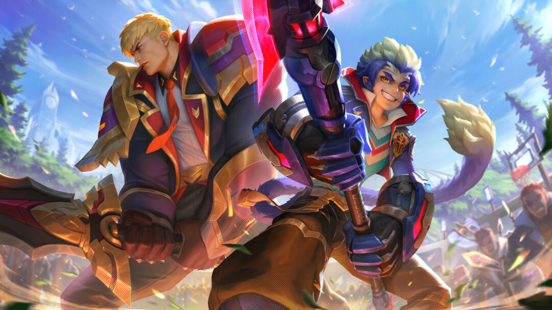 A stunning 4K wallpaper featuring the Battle Academia skins of Garen and Wukong from League of Legends. Garen, the valiant warrior, and Wukong, the mischievous trickster, are showcased in their vibrant Battle Academia outfits, ready for action.