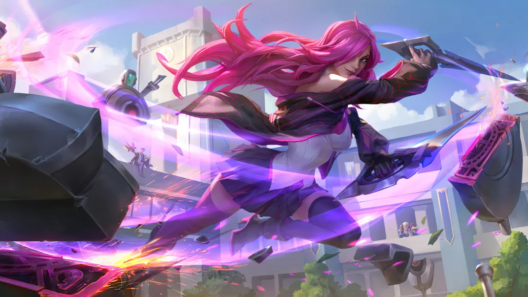 A stunning 4K wallpaper featuring the Battle Academia Katarina Level 2 skin from League of Legends Legends of Runeterra. Katarina, a powerful assassin, is shown in her upgraded Battle Academia outfit, ready for battle in the world of Runeterra.