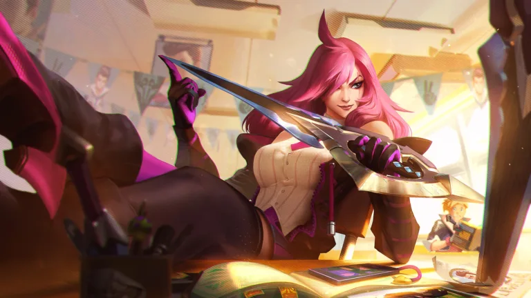 A breathtaking 4K wallpaper featuring the Battle Academia Katarina skin from League of Legends. Katarina, the deadly assassin, is depicted in her Battle Academia attire, ready to unleash her skills on the battlefield.