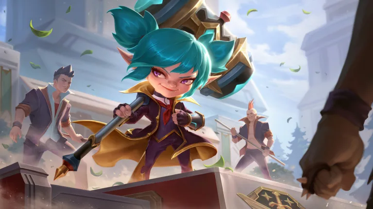 A vibrant 4K wallpaper featuring Battle Academia Poppy at Level 1 from Legends of Runeterra. Poppy, a determined champion, is showcased with her iconic skin in the Battle Academia theme, ready for action in the world of Runeterra.
