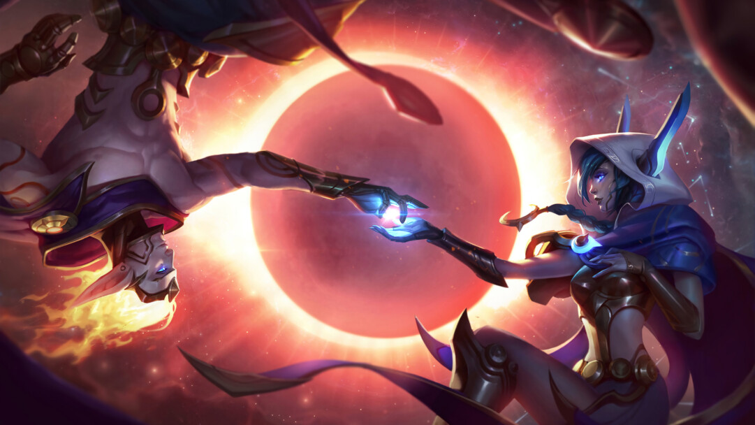 Get mesmerized by the cosmic beauty of Cosmic Dawn Rakan and Cosmic Dusk Xayah skins in this stunning 4K wallpaper. Perfect for any League of Legends fan!