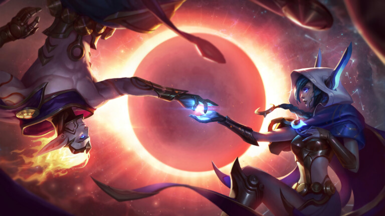 Get mesmerized by the cosmic beauty of Cosmic Dawn Rakan and Cosmic Dusk Xayah skins in this stunning 4K wallpaper. Perfect for any League of Legends fan!