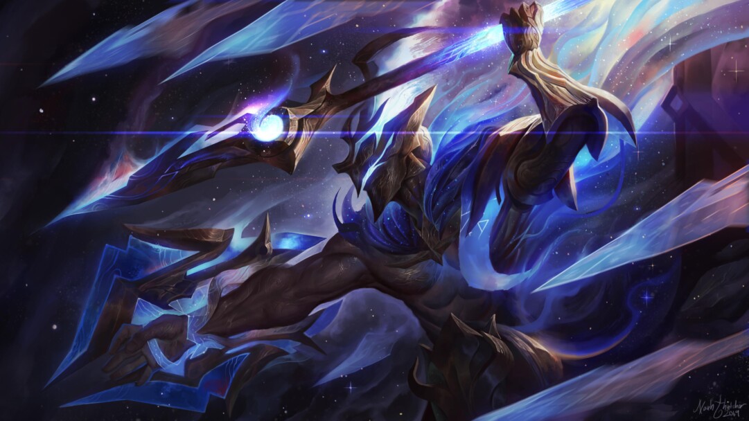 A stunning 4K desktop wallpaper featuring the Cosmic Emperor Pantheon skin from League of Legends.