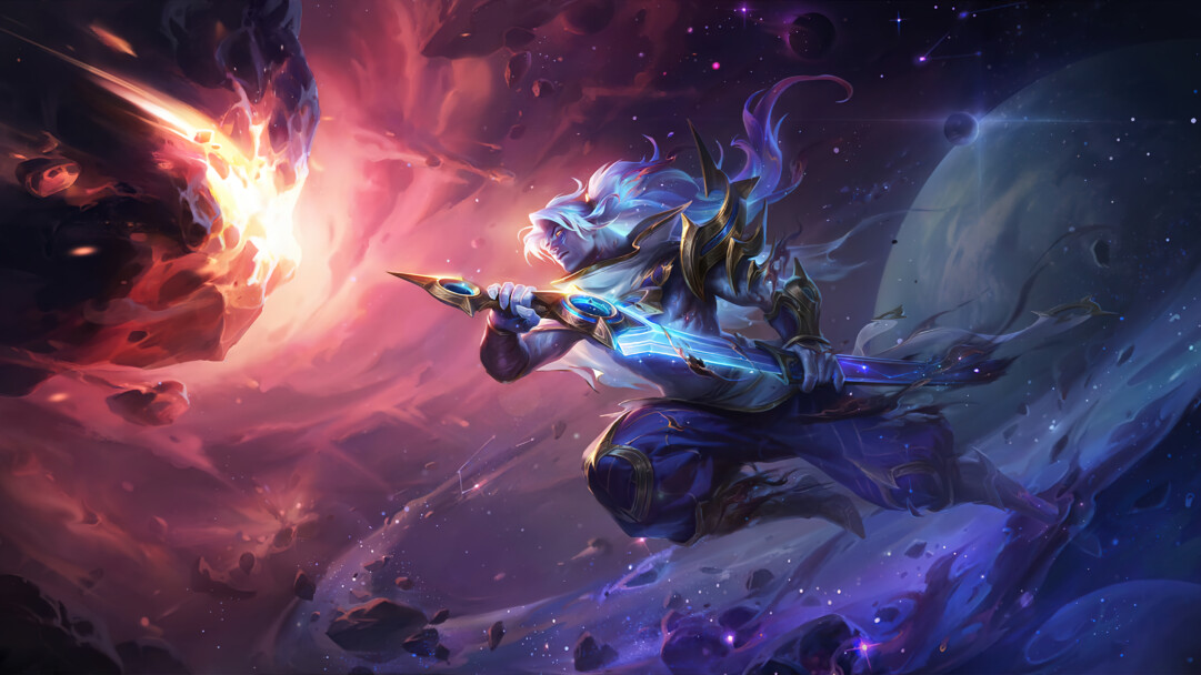 A mesmerizing 4K wallpaper featuring the Cosmic Zephyr Yasuo skin from Legends of Runeterra.